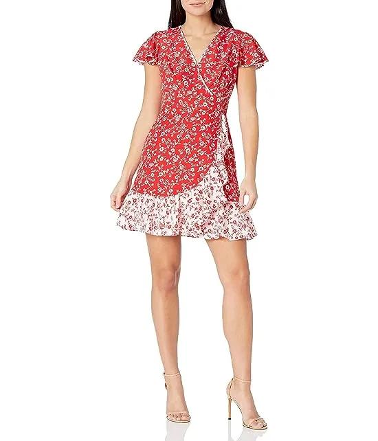 Camuto Women's Printed CDC Faux Wrap Fit and Flare Dress with Contrast Ruffle Hem