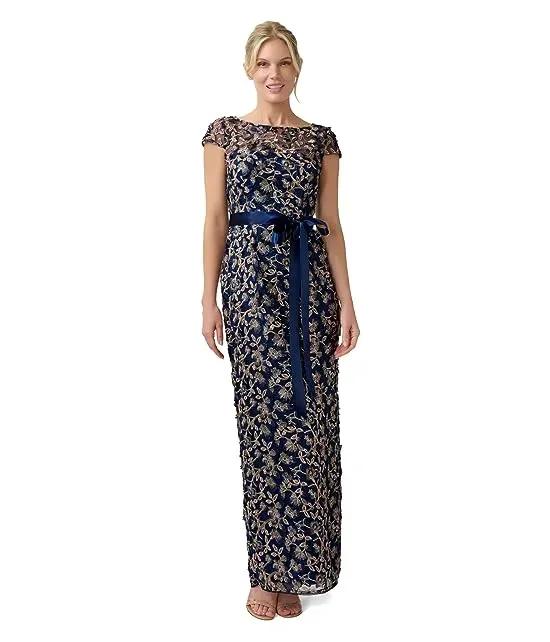 Cap Sleeve 3-D Embroidered Column Gown