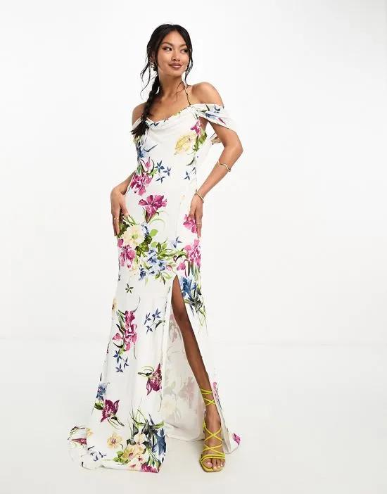 cap sleeve strappy open back bias maxi dress in white based floral print