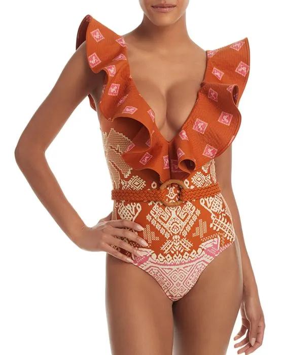 Caral Belted Ruffle One Piece Swimsuit