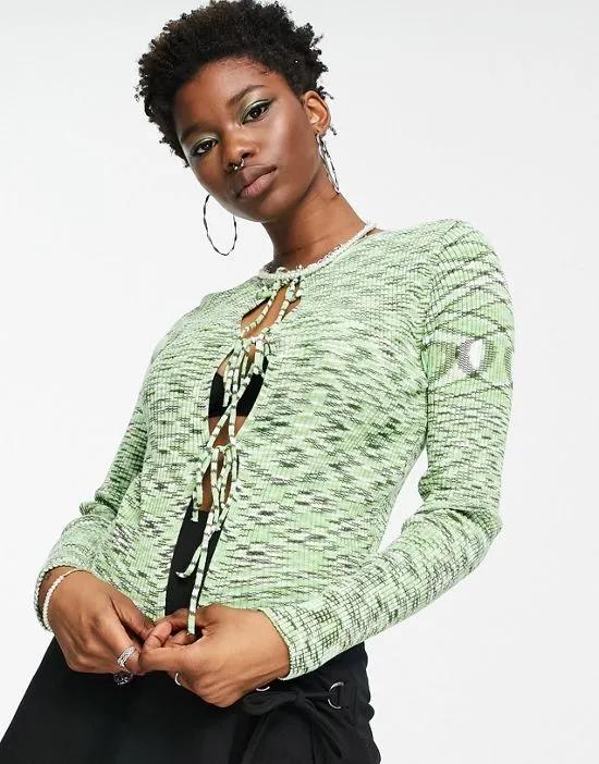 cardi in space dye with tie front detail in green
