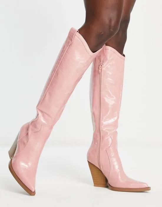 Catapult heeled western knee boots in pink croc
