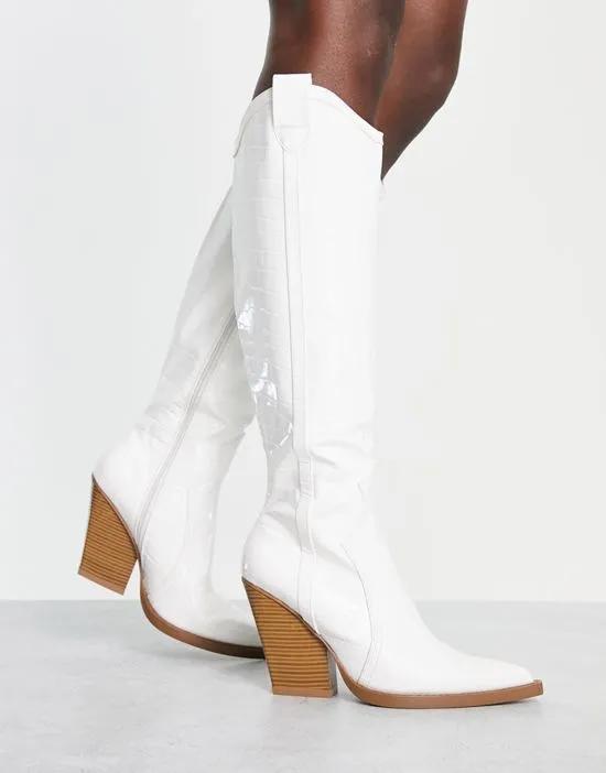 Catapult heeled western knee boots in white croc