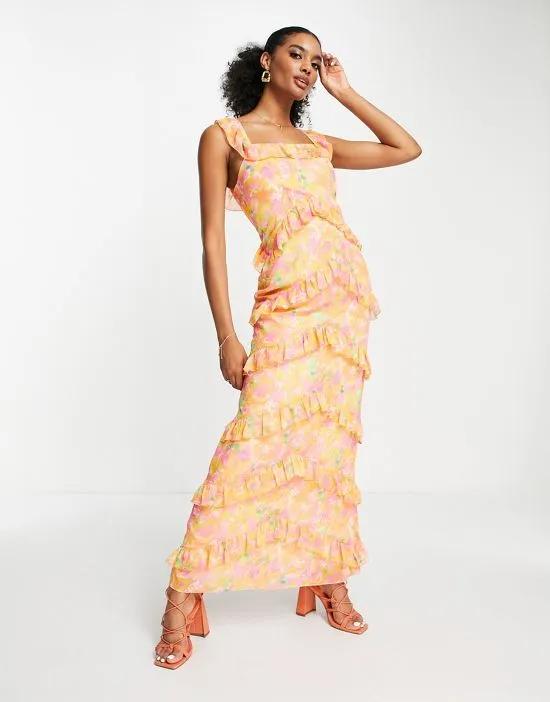 Cecile ruffle maxi dress in orange and pink abstract floral