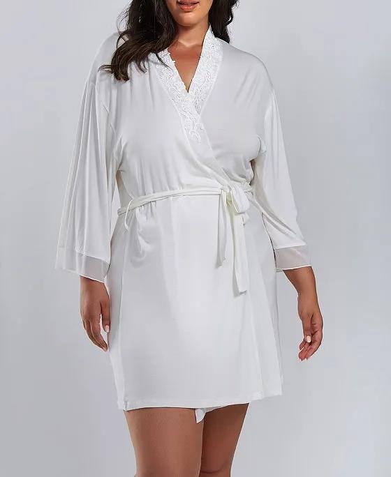 Cecily Plus Size Lace Robe with Mesh Trimmed Sleeves and Self Tie with Sash
