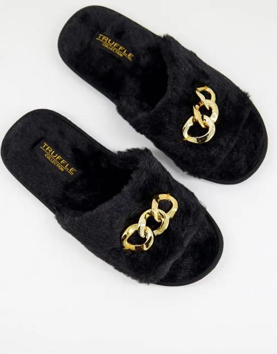 chain detail fur slippers in black
