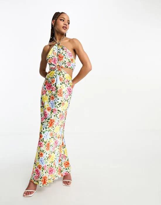 chain halter neck maxi dress in yellow and pink floral