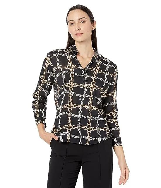 Chain Link Long Sleeve Button Front Relaxed Blouse