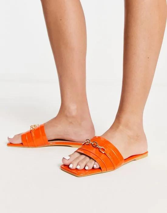 chain loafer sliders in orange croc
