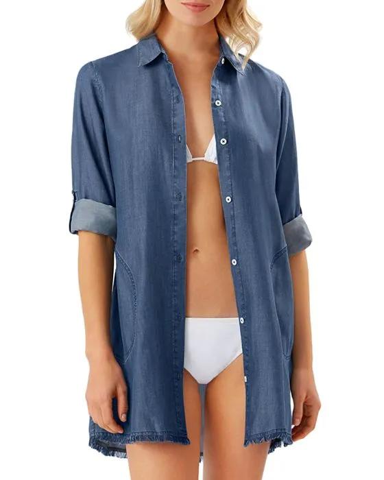 Chambray Button Front Tunic Shirt
