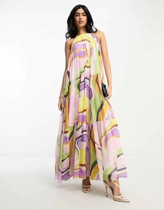 channel detail halter neck trapeze tiered maxi dress in abstract print