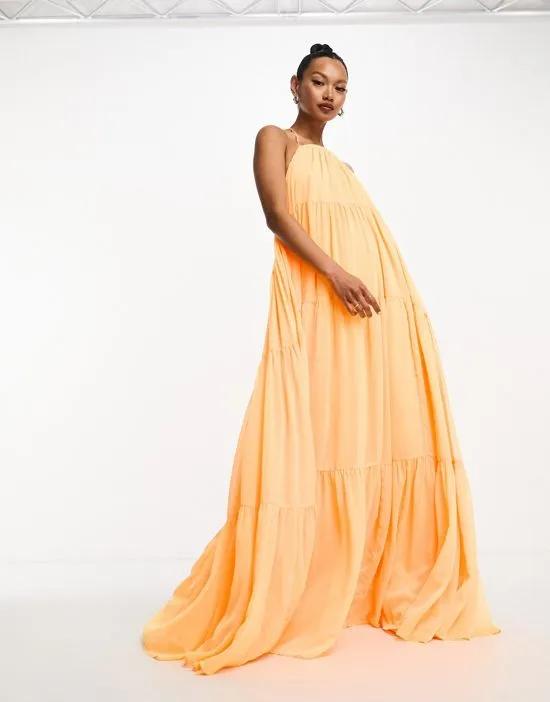 channel detail halter neck trapeze tiered maxi dress in bright orange