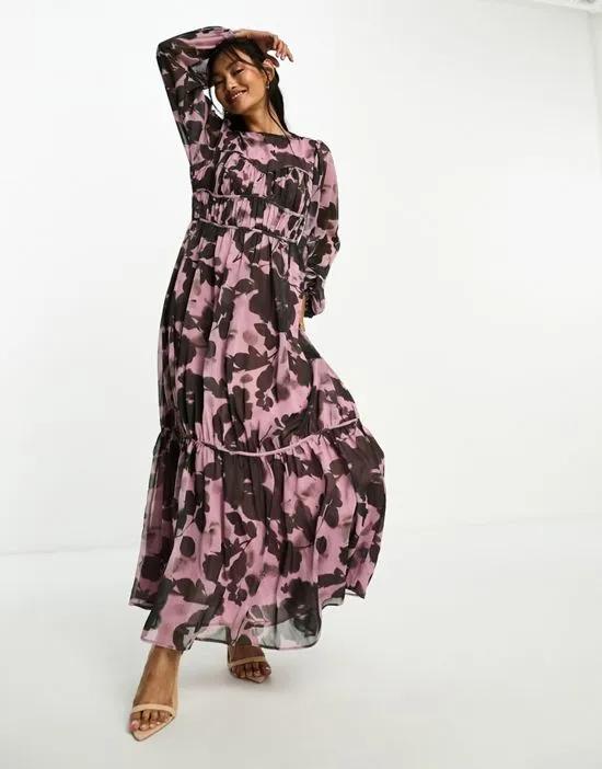 channel waist maxi dress in black and purple print