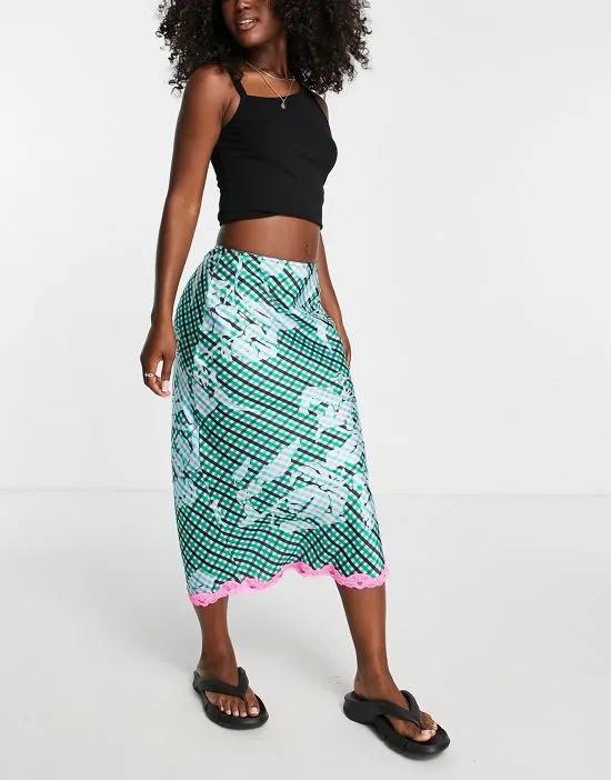 check satin bias midi skirt with lace trim in green