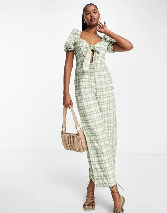 check tie front jumpsuit in green