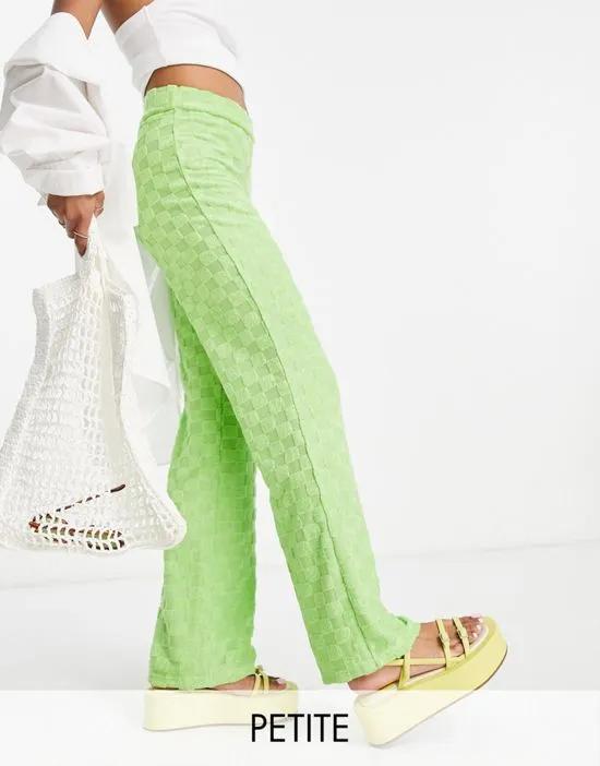 checkerboard burnout towelling straight leg pants in green