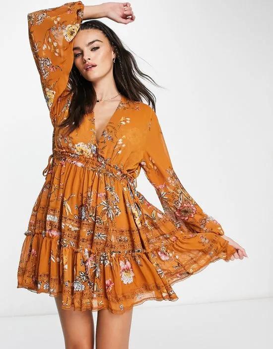 Cherry Blossom embroidered mini dress in rust