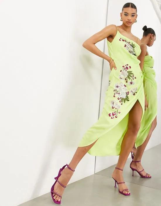 cherry blossom embroidery satin drape cami midi dress in lime green