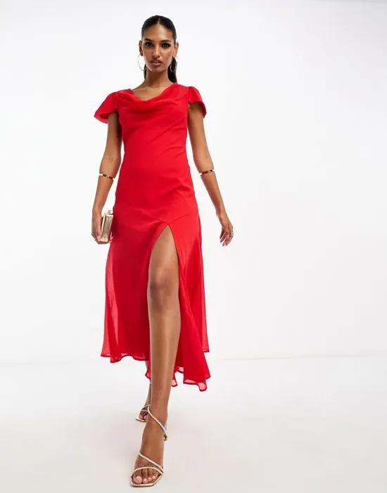 chiffon cowl neck midi dress with puff sleeves and asymmetric hem in red