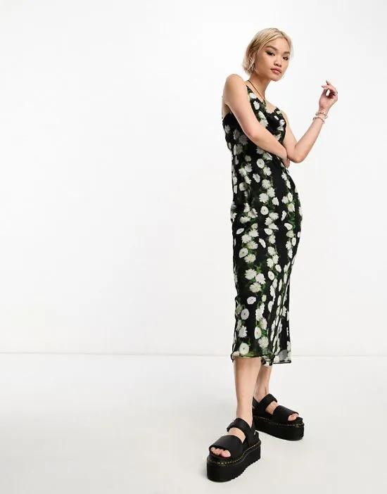 chiffon cowl neck midi slip dress in blurred floral print