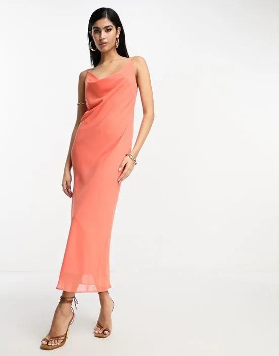 chiffon cowl neck midi slip dress in coral