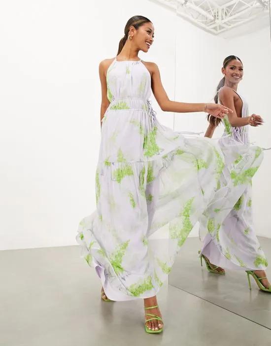 chiffon drawstring halter maxi dress in lilac floral print