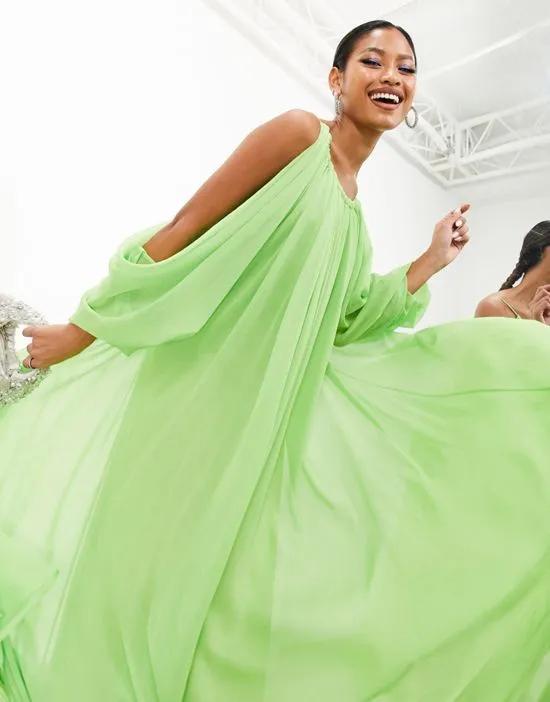 chiffon dropped shoulder backless maxi dress in apple green