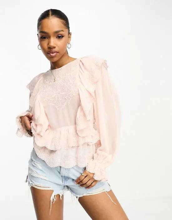chiffon embroidered ruffle detail blouse in pink