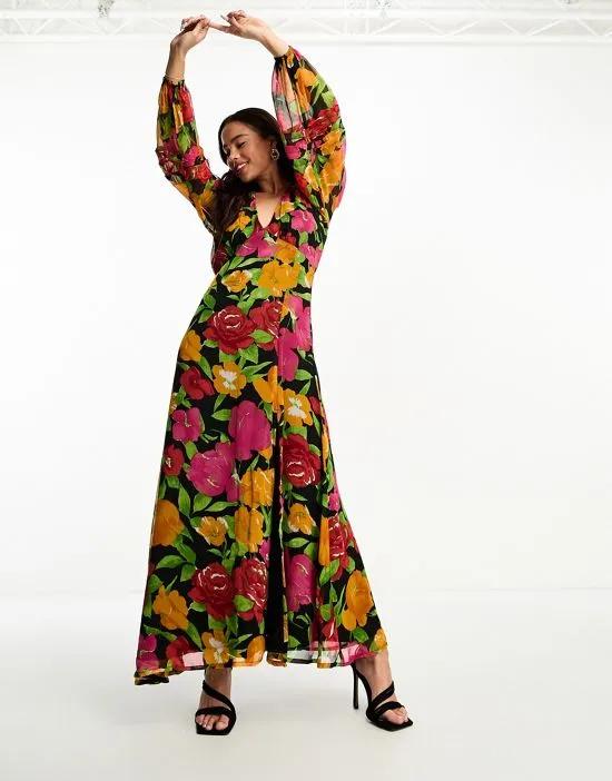 chiffon long sleeve maxi dress in dark floral