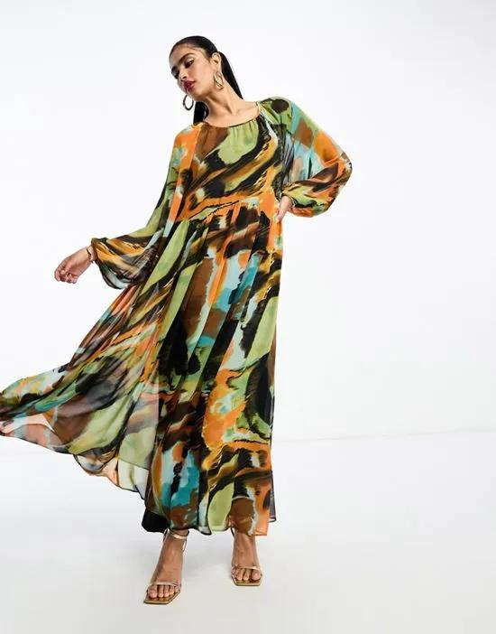 chiffon maxi smock dress with scallop waist in abstract print
