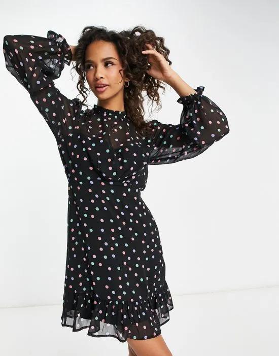 chiffon mini dress in black polka dot