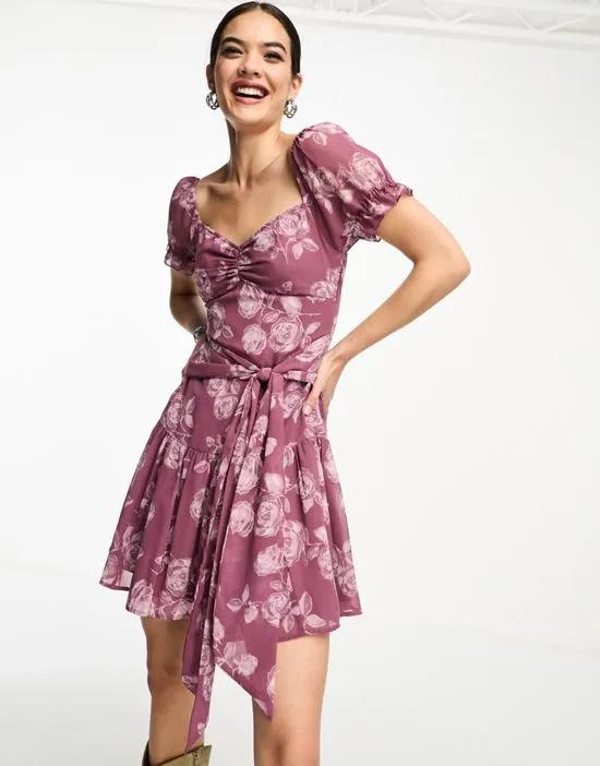 chiffon off shoulder midi dress with waist ties in rose print