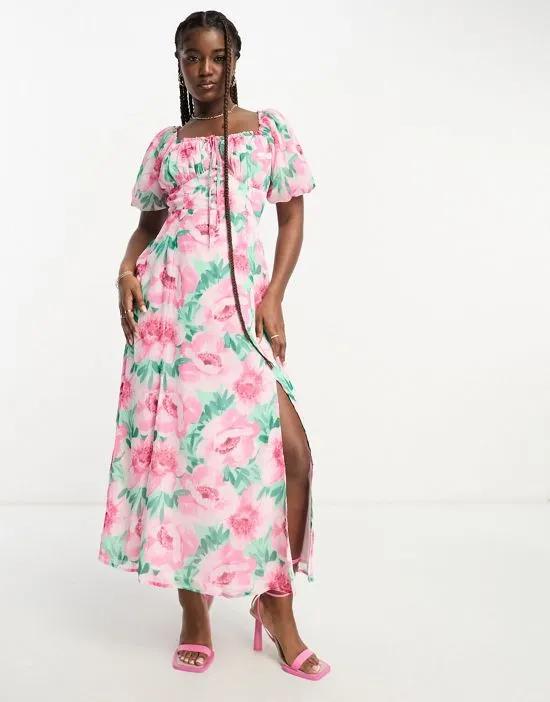 chiffon puff sleeve maxi dress in pink floral