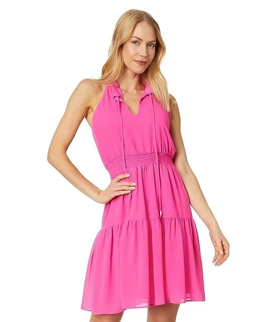 Chiffon Ruffle Neck Halter Fit-and-Flare Dress with Smocked Waist