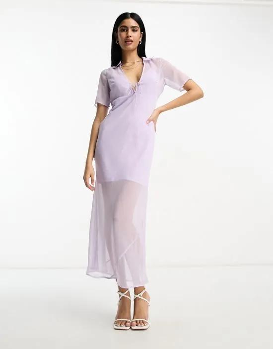 chiffon short sleeve collar midi dress in pale lilac