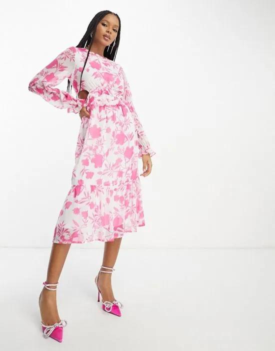 chiffon side cut out midi dress in white and pink floral