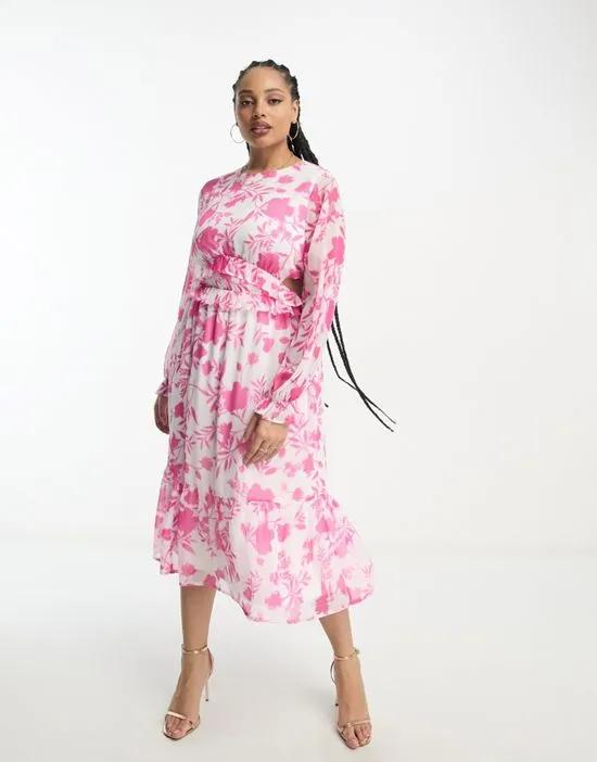 chiffon side cut out tiered midi dress in pink floral