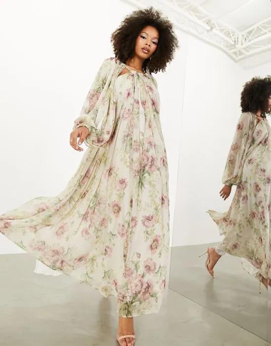 chiffon split sleeve maxi dress in cream vintage floral