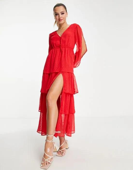 chiffon textured tiered maxi dress in red