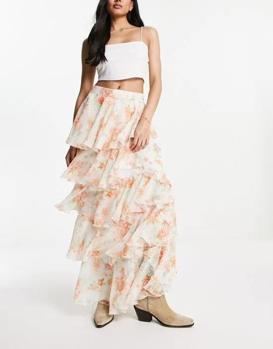 chiffon tiered maxi skirt in vintage inspired floral