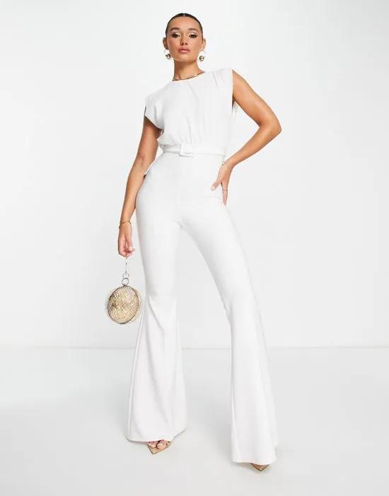 chiffon top belted flared leg jumpsuit in white
