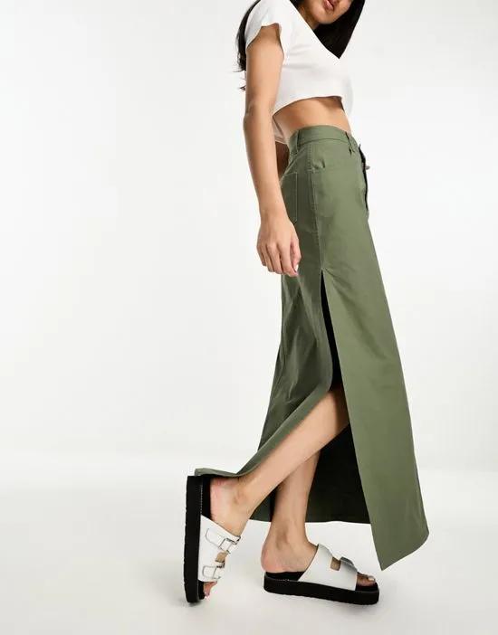chino maxi skirt with split in khaki
