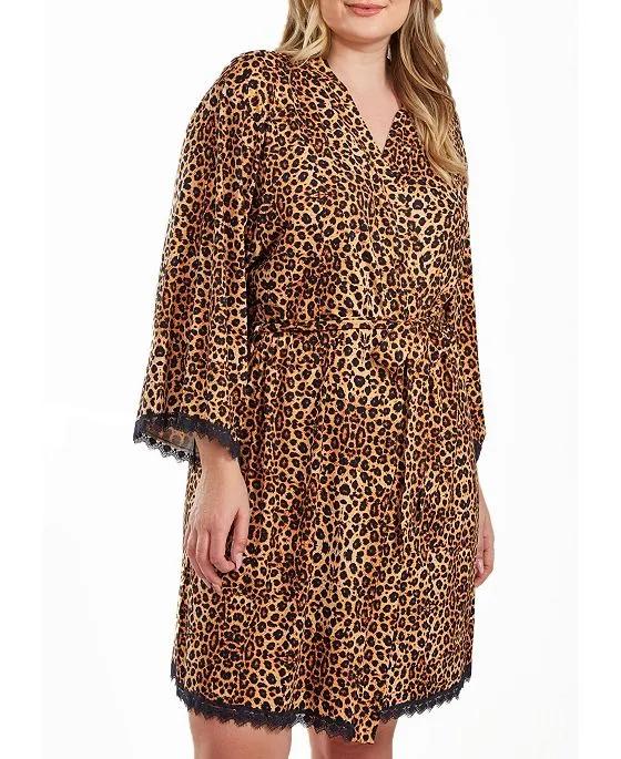 Chiya Plus Size Leopard Robe with Self Tie Sash and Lace Trimed Hemlines