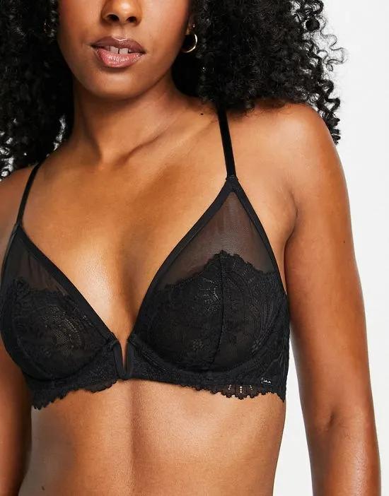 Chloe non padded plunge lace bra with sheer mesh and V wire detail in black