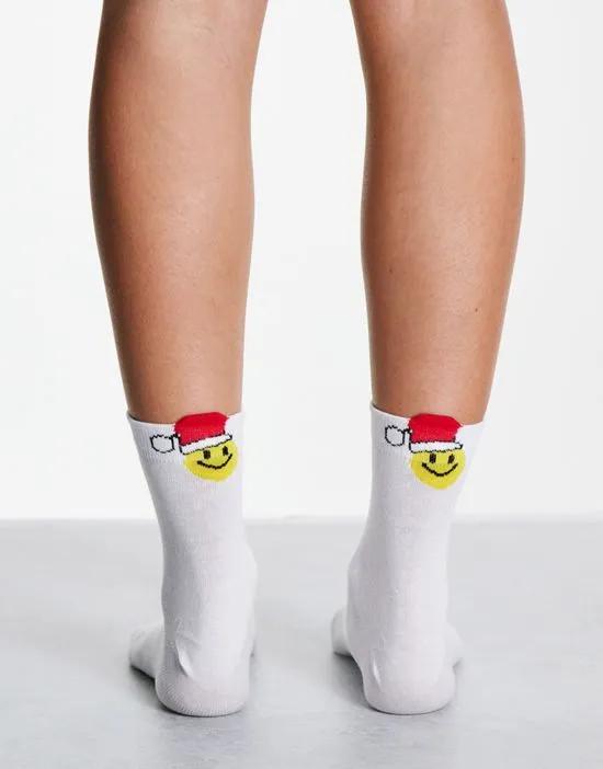 Christmas ankle socks with happy Santa in white