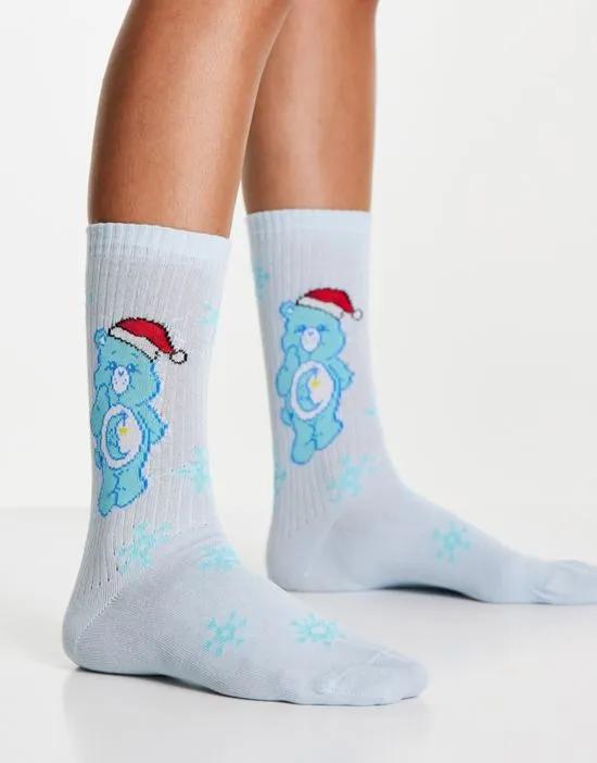 Christmas Care Bears calf length socks in blue