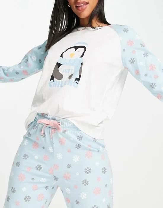 christmas chilly penguin long pajamas in pale blue
