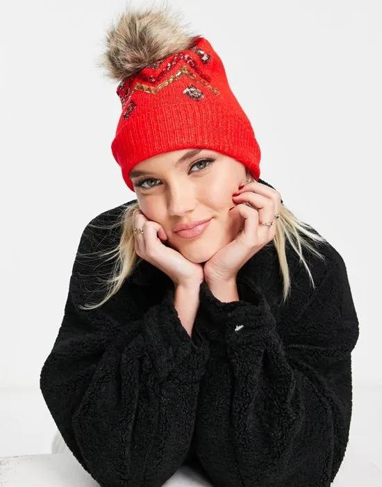 christmas faux fur pom with sequin detail beanie in red