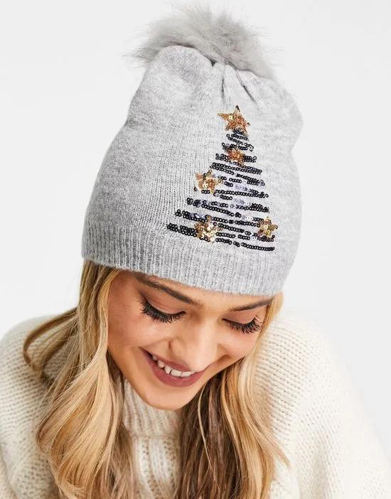 christmas faux fur pom with sequin tree beanie in gray