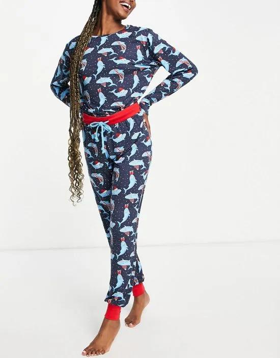 christmas festive whales long pajamas in navy